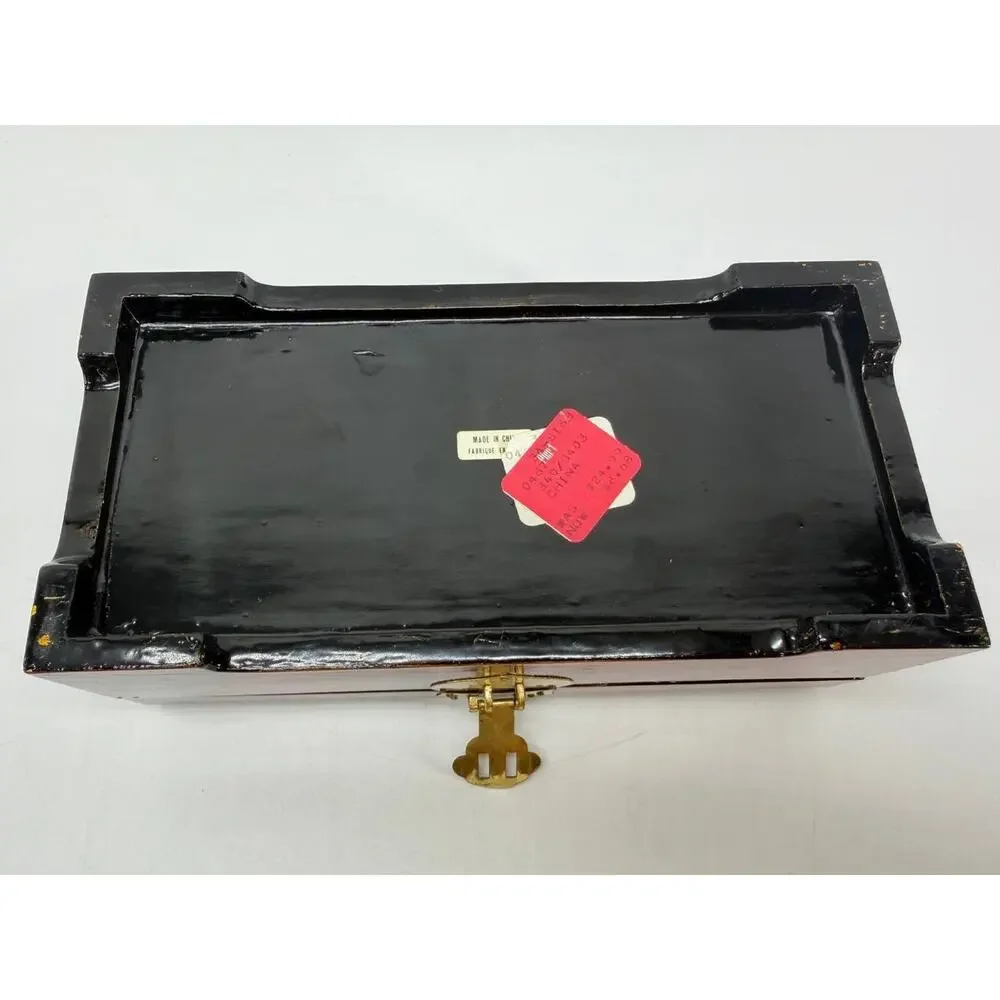 Chinese Carved Wood Jewelry Box Duck Lotus Red Silk Lined Brass Latch